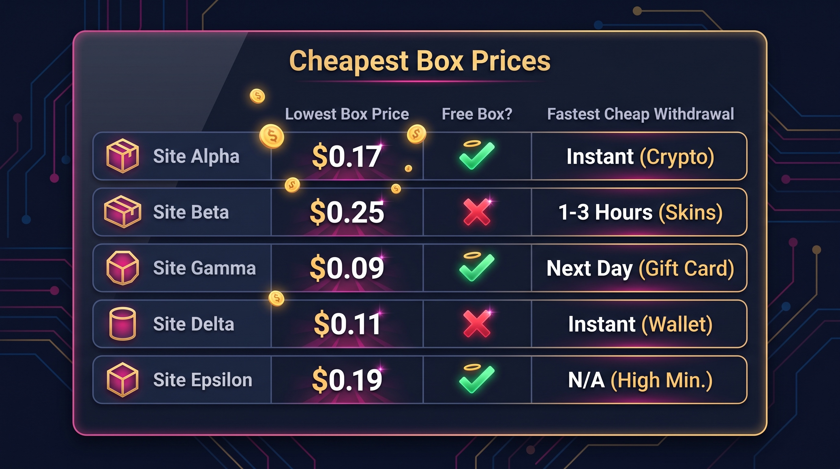 Comparison of cheapest box prices across mystery box sites