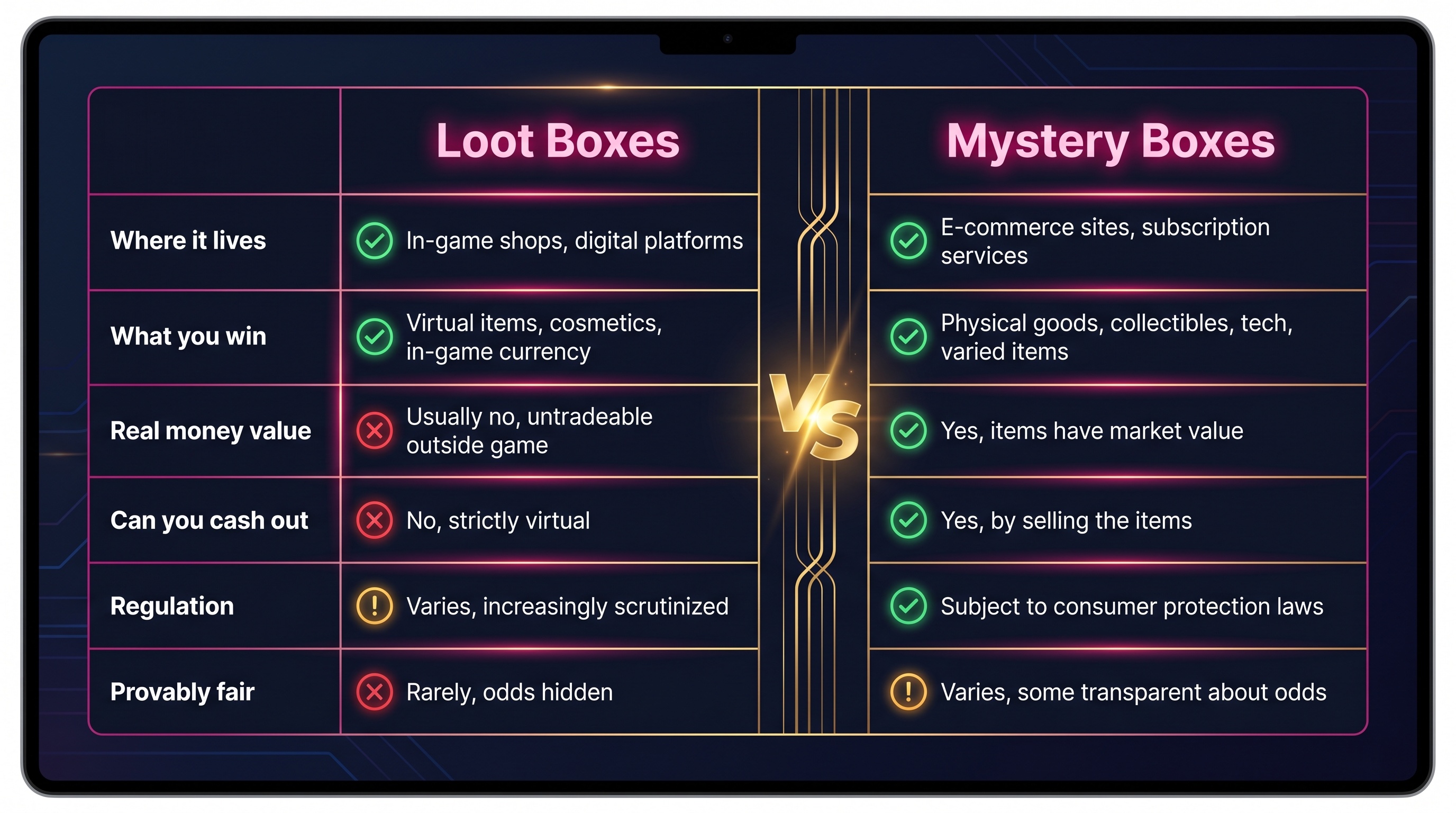 Comparison table of loot boxes versus mystery boxes