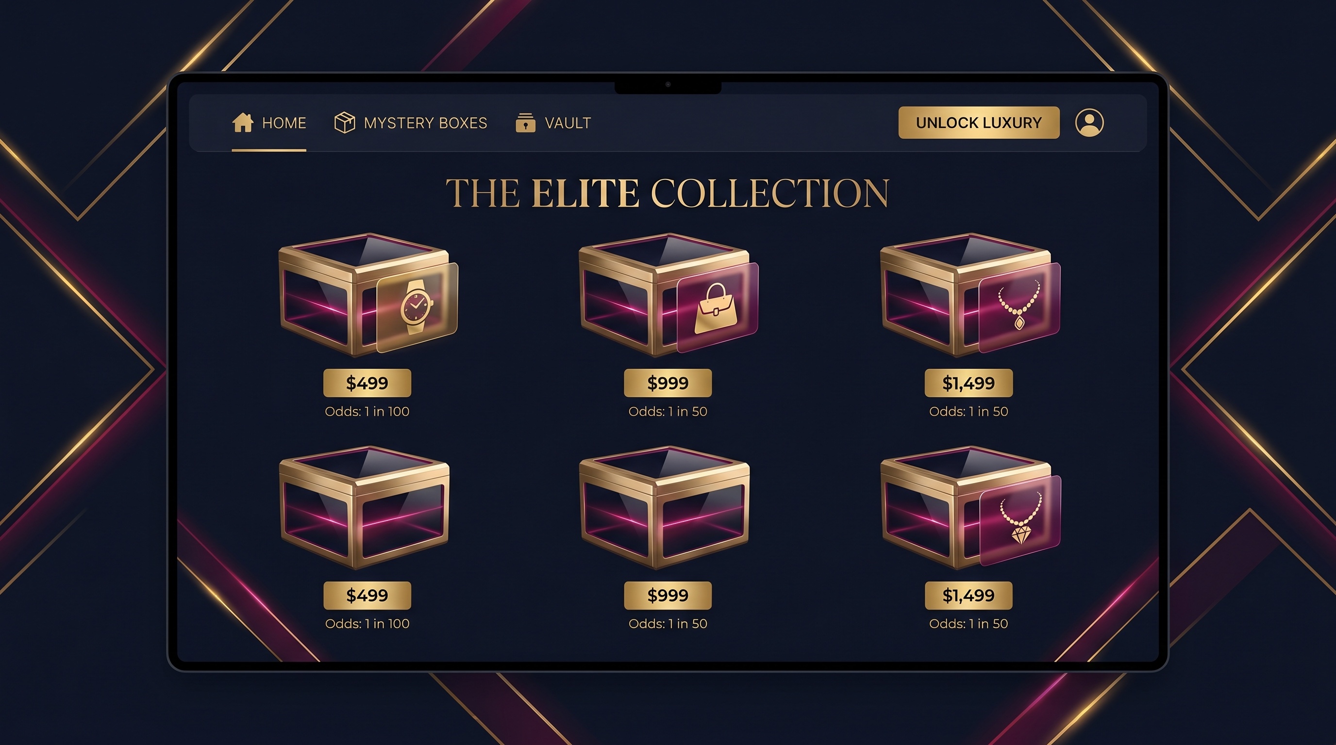 LuxDrop luxury box shelf showing designer prizes