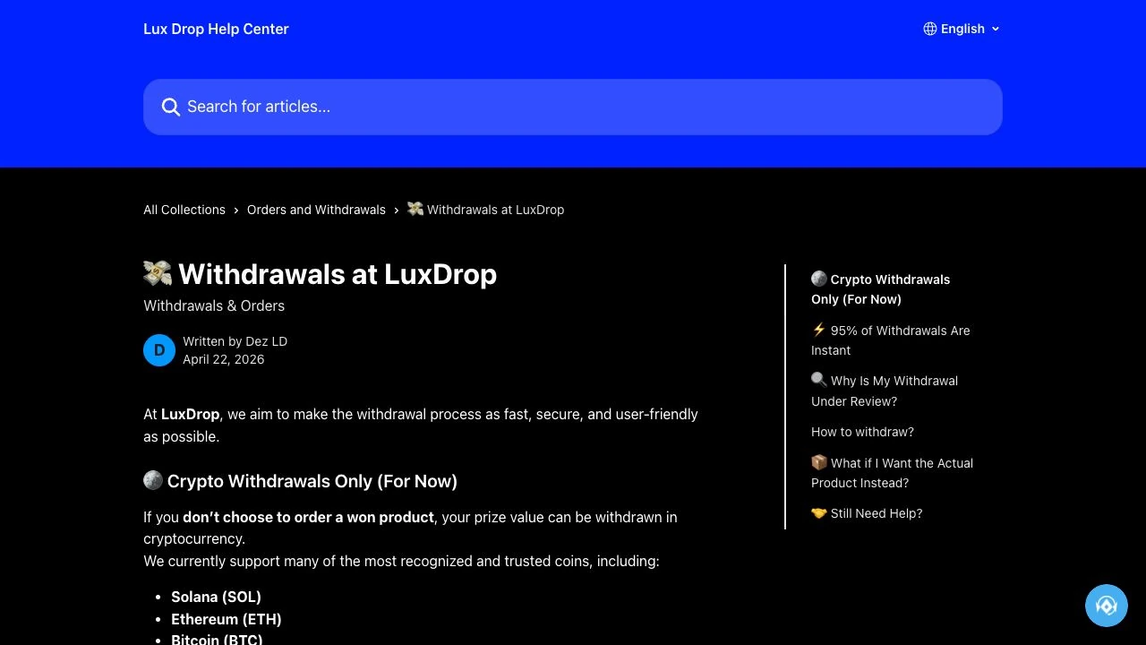 Luxdrop official help centre article about prize withdrawals