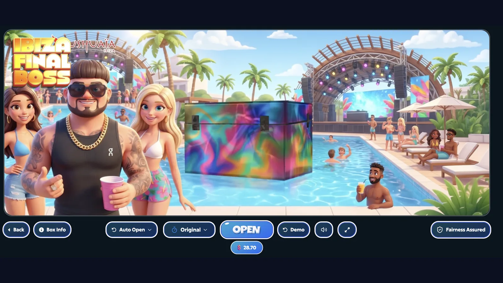 MrLoot box opening scene with a 3D pool party and a holographic mystery box