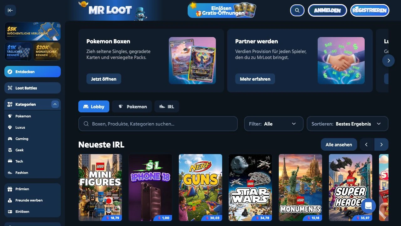 MrLoot public catalogue with themed box cards