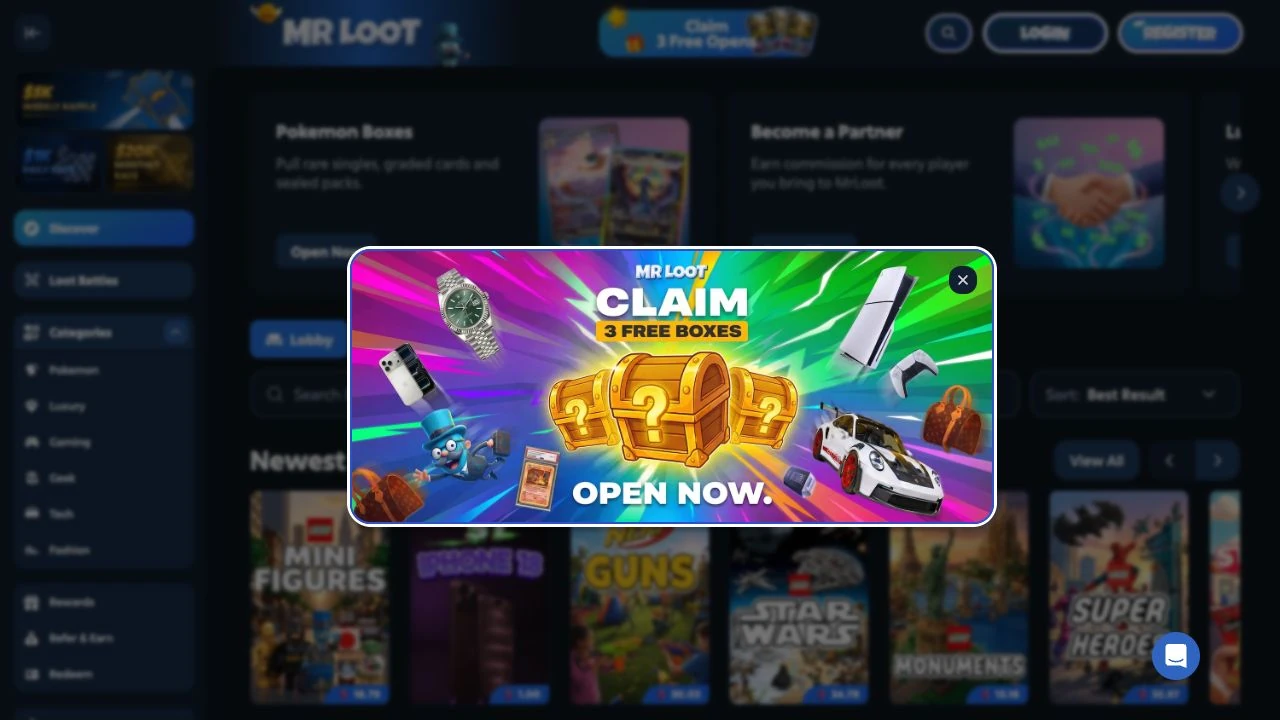 Actual MrLoot promotion banner advertising three free boxes over the catalogue