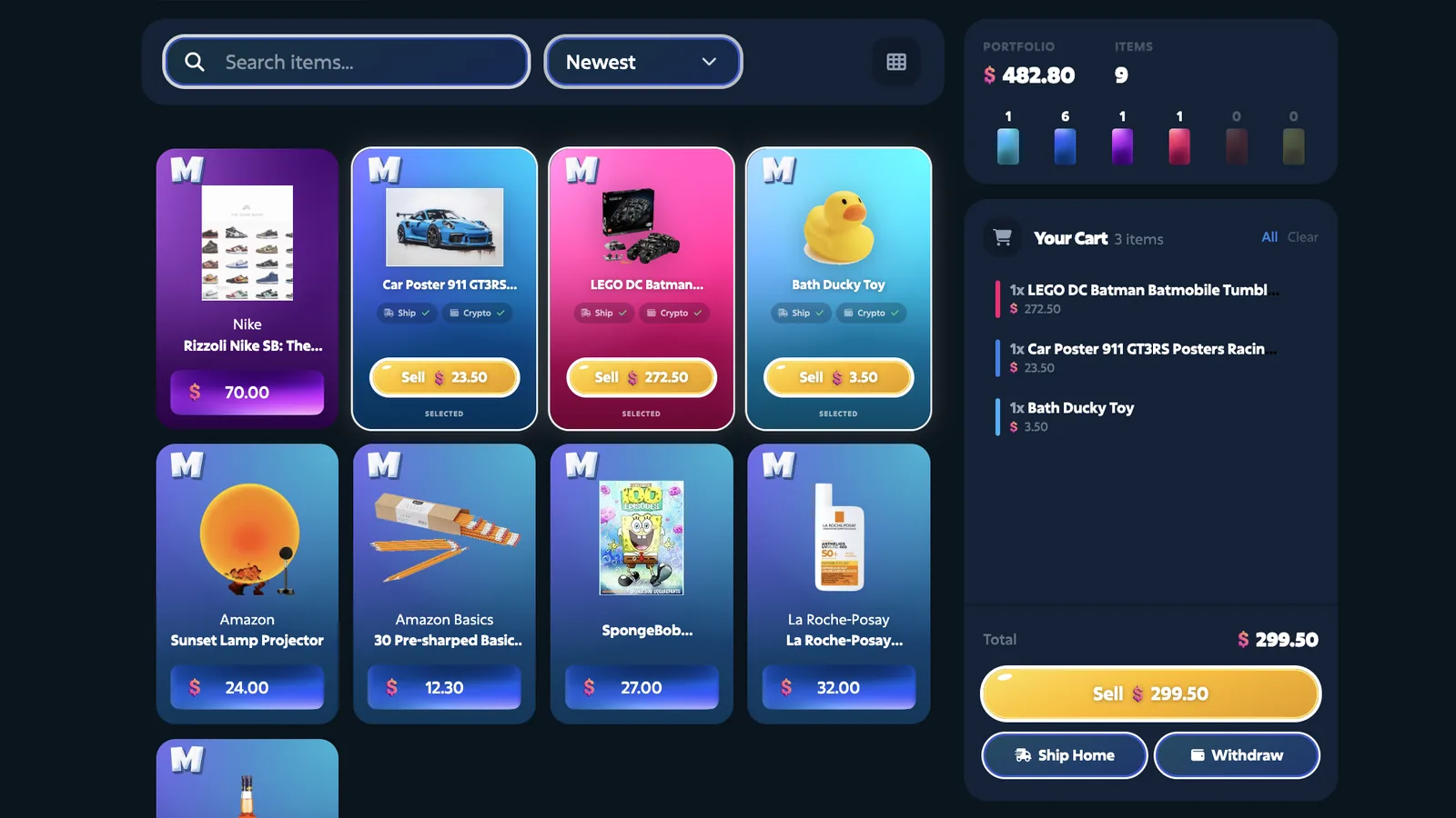 MrLoot inventory showing won items with sell, ship home and withdraw options