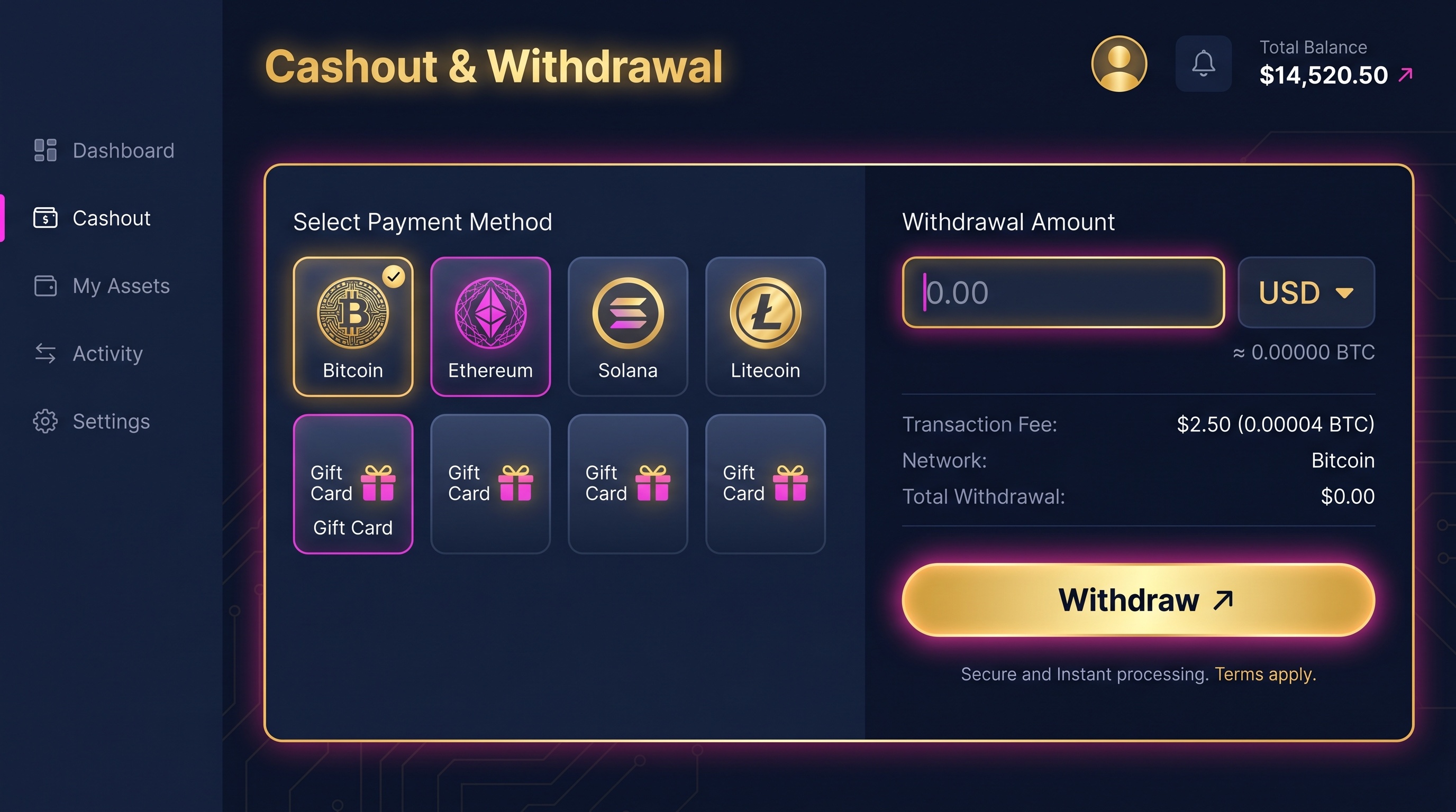 MrLoot withdrawal screen showing crypto and gift card payout options