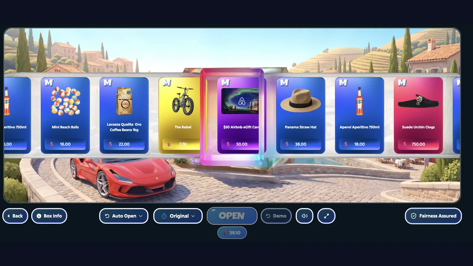 MrLoot provably fair prize reel spinning through possible items
