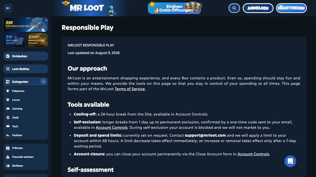 MrLoot Responsible Play page describing account controls and requested limits