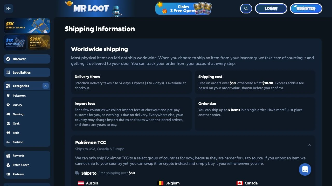 MrLoot shipping information page showing delivery and cost information