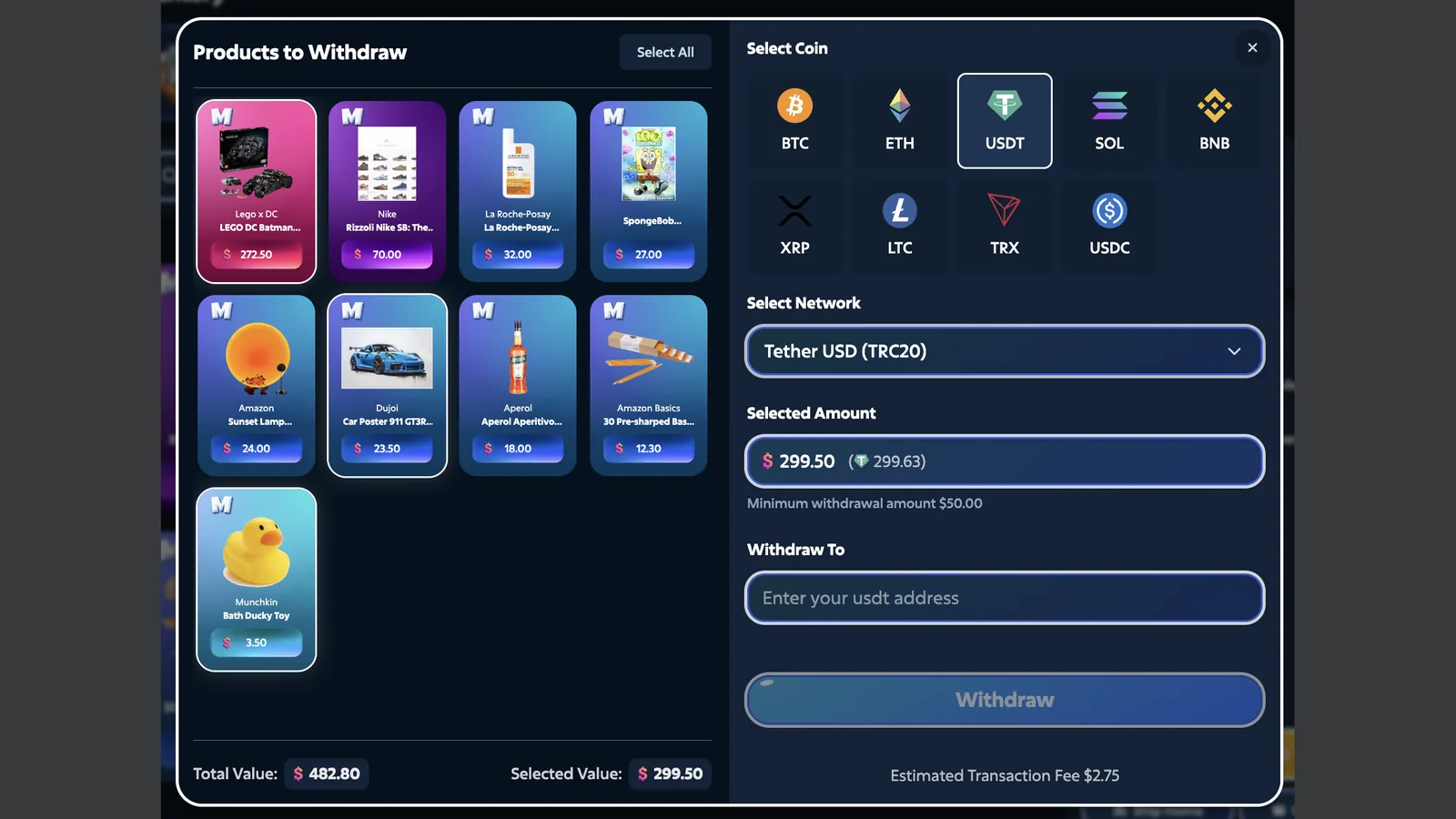 MrLoot crypto withdrawal panel with coin and network selection