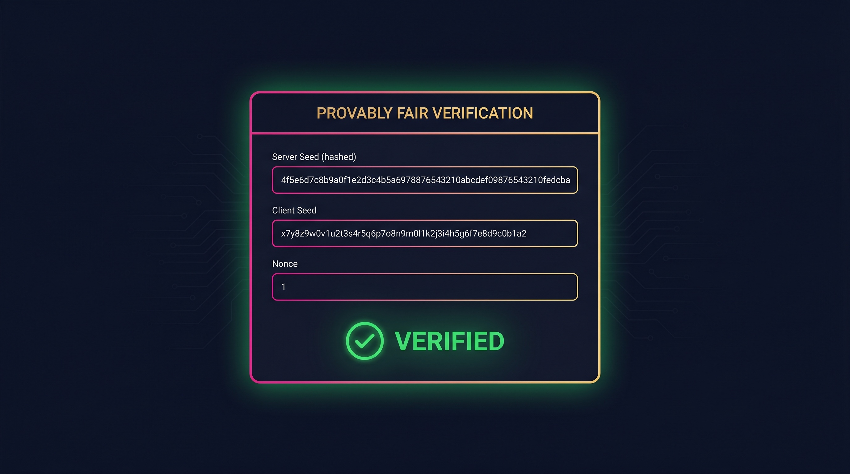 Provably fair verification panel with server seed, client seed and nonce